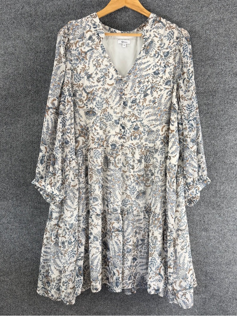 Reitmans Womens Boho Floral Tiered Dress Size 2X Blue Brown Long Sleeve Peasant